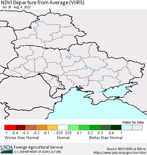 Ukraine, Moldova and Belarus NDVI Departure from Average (VIIRS) Thematic Map For 8/1/2022 - 8/10/2022