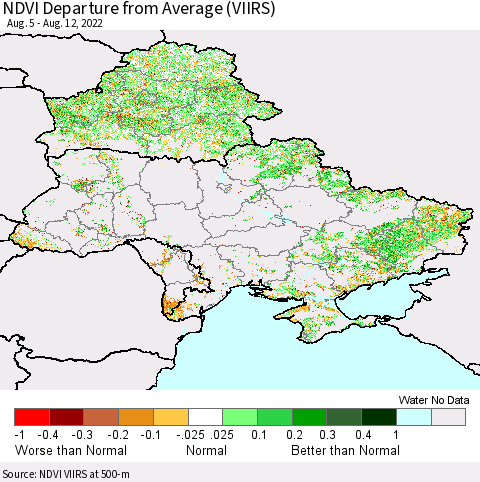 Ukraine, Moldova and Belarus NDVI Departure from Average (VIIRS) Thematic Map For 8/5/2022 - 8/12/2022