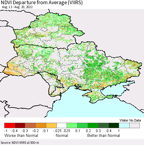 Ukraine, Moldova and Belarus NDVI Departure from Average (VIIRS) Thematic Map For 8/11/2022 - 8/20/2022