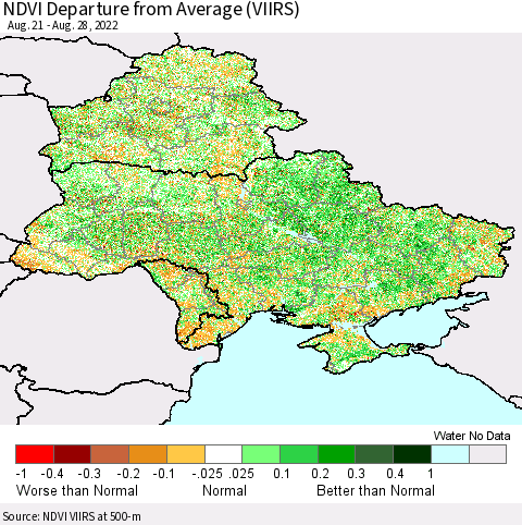 Ukraine, Moldova and Belarus NDVI Departure from Average (VIIRS) Thematic Map For 8/21/2022 - 8/28/2022