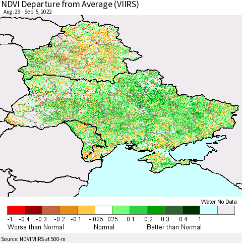 Ukraine, Moldova and Belarus NDVI Departure from Average (VIIRS) Thematic Map For 8/29/2022 - 9/5/2022