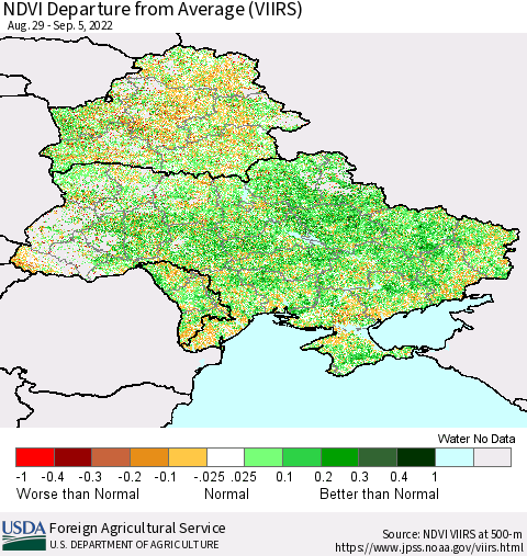 Ukraine, Moldova and Belarus NDVI Departure from Average (VIIRS) Thematic Map For 9/1/2022 - 9/10/2022