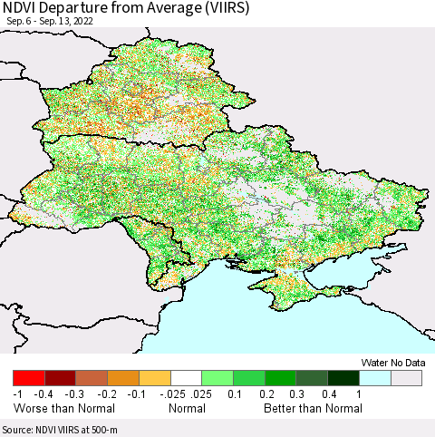 Ukraine, Moldova and Belarus NDVI Departure from Average (VIIRS) Thematic Map For 9/6/2022 - 9/13/2022