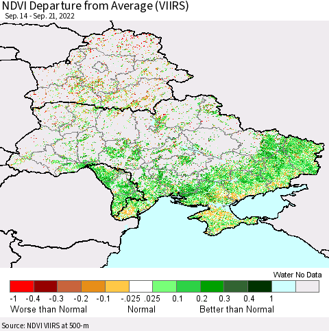 Ukraine, Moldova and Belarus NDVI Departure from Average (VIIRS) Thematic Map For 9/14/2022 - 9/21/2022