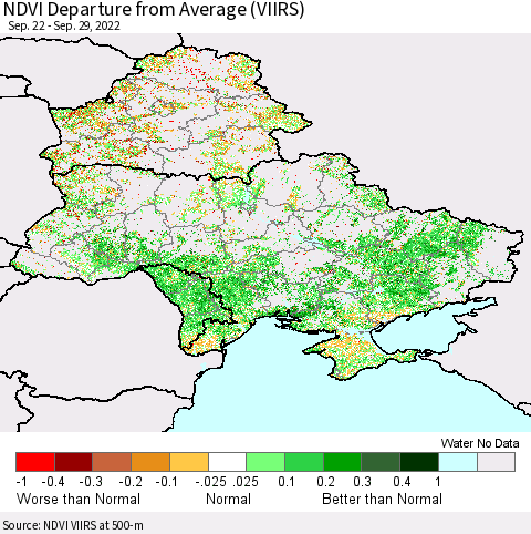 Ukraine, Moldova and Belarus NDVI Departure from Average (VIIRS) Thematic Map For 9/22/2022 - 9/29/2022