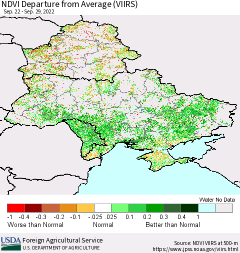 Ukraine, Moldova and Belarus NDVI Departure from Average (VIIRS) Thematic Map For 9/21/2022 - 9/30/2022