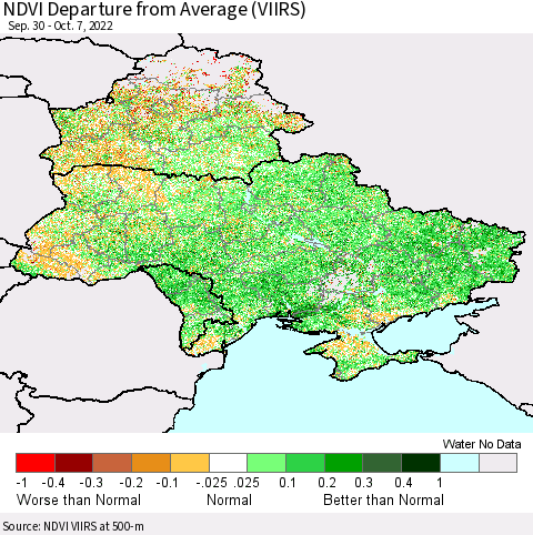 Ukraine, Moldova and Belarus NDVI Departure from Average (VIIRS) Thematic Map For 9/30/2022 - 10/7/2022