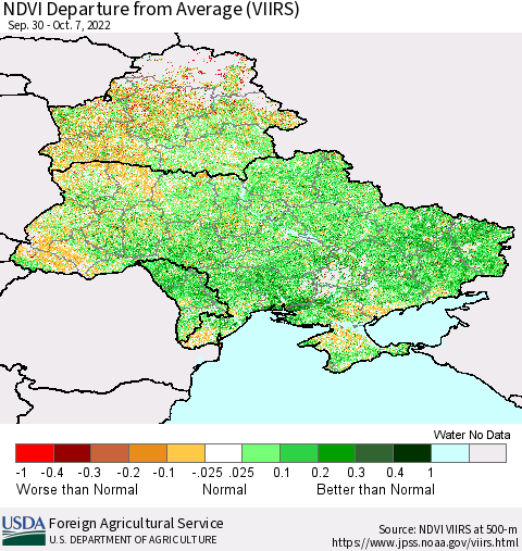 Ukraine, Moldova and Belarus NDVI Departure from Average (VIIRS) Thematic Map For 10/1/2022 - 10/10/2022