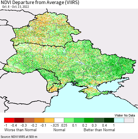 Ukraine, Moldova and Belarus NDVI Departure from Average (VIIRS) Thematic Map For 10/8/2022 - 10/15/2022