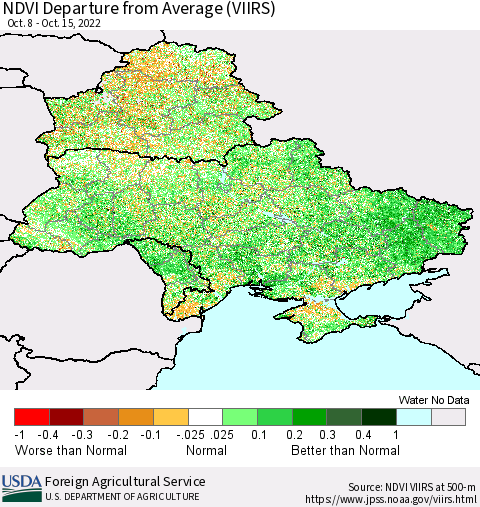Ukraine, Moldova and Belarus NDVI Departure from Average (VIIRS) Thematic Map For 10/11/2022 - 10/20/2022