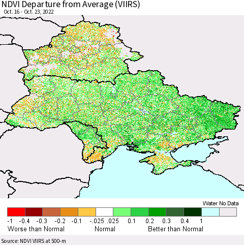 Ukraine, Moldova and Belarus NDVI Departure from Average (VIIRS) Thematic Map For 10/16/2022 - 10/23/2022