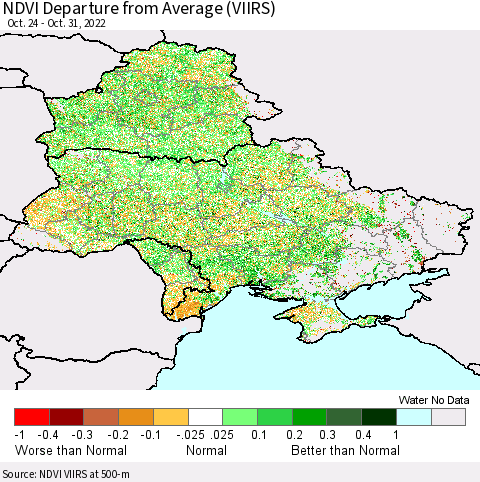 Ukraine, Moldova and Belarus NDVI Departure from Average (VIIRS) Thematic Map For 10/21/2022 - 10/31/2022