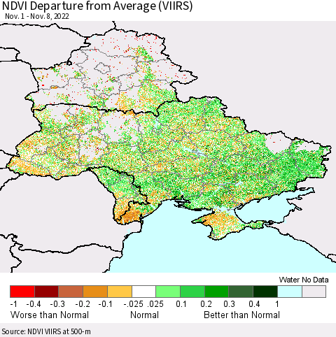 Ukraine, Moldova and Belarus NDVI Departure from Average (VIIRS) Thematic Map For 11/1/2022 - 11/8/2022