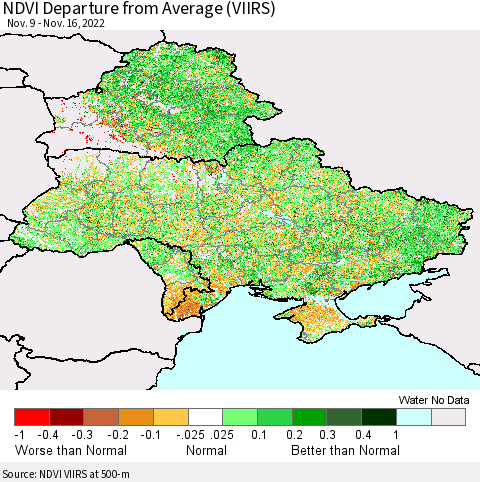 Ukraine, Moldova and Belarus NDVI Departure from Average (VIIRS) Thematic Map For 11/9/2022 - 11/16/2022