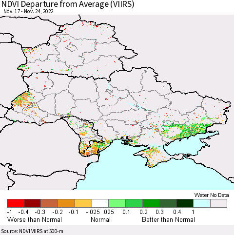 Ukraine, Moldova and Belarus NDVI Departure from Average (VIIRS) Thematic Map For 11/17/2022 - 11/24/2022