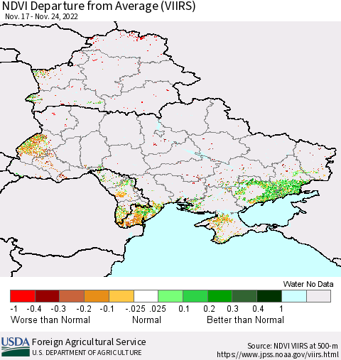 Ukraine, Moldova and Belarus NDVI Departure from Average (VIIRS) Thematic Map For 11/21/2022 - 11/30/2022