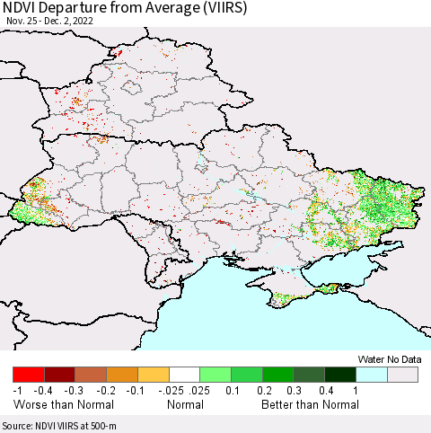 Ukraine, Moldova and Belarus NDVI Departure from Average (VIIRS) Thematic Map For 11/25/2022 - 12/2/2022