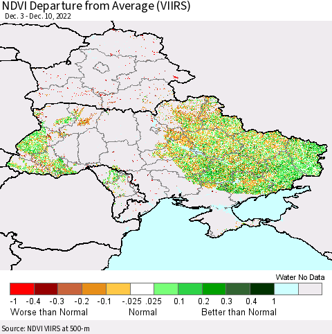Ukraine, Moldova and Belarus NDVI Departure from Average (VIIRS) Thematic Map For 12/3/2022 - 12/10/2022