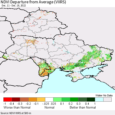 Ukraine, Moldova and Belarus NDVI Departure from Average (VIIRS) Thematic Map For 12/11/2022 - 12/18/2022