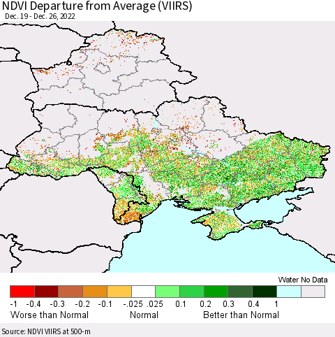 Ukraine, Moldova and Belarus NDVI Departure from Average (VIIRS) Thematic Map For 12/19/2022 - 12/26/2022