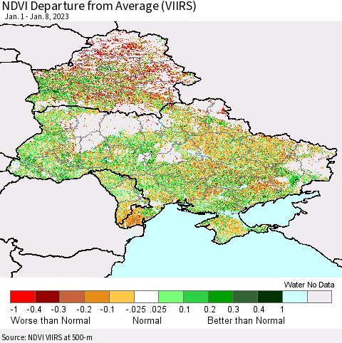 Ukraine, Moldova and Belarus NDVI Departure from Average (VIIRS) Thematic Map For 1/1/2023 - 1/8/2023