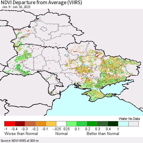 Ukraine, Moldova and Belarus NDVI Departure from Average (VIIRS) Thematic Map For 1/9/2023 - 1/16/2023