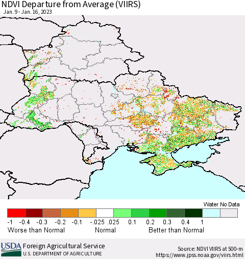 Ukraine, Moldova and Belarus NDVI Departure from Average (VIIRS) Thematic Map For 1/11/2023 - 1/20/2023