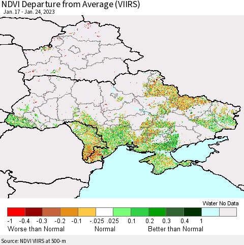 Ukraine, Moldova and Belarus NDVI Departure from Average (VIIRS) Thematic Map For 1/17/2023 - 1/24/2023