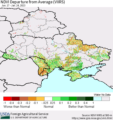 Ukraine, Moldova and Belarus NDVI Departure from Average (VIIRS) Thematic Map For 1/21/2023 - 1/31/2023