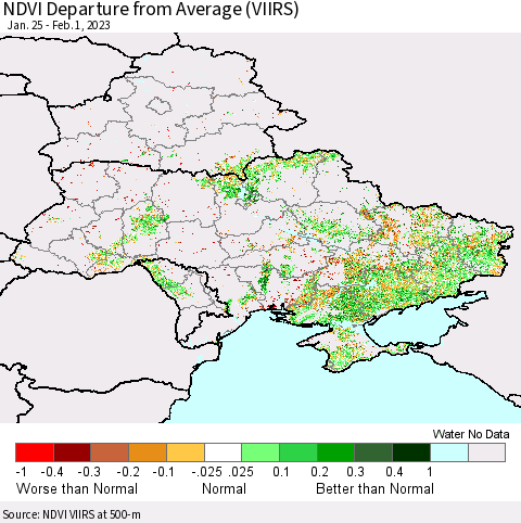 Ukraine, Moldova and Belarus NDVI Departure from Average (VIIRS) Thematic Map For 1/25/2023 - 2/1/2023