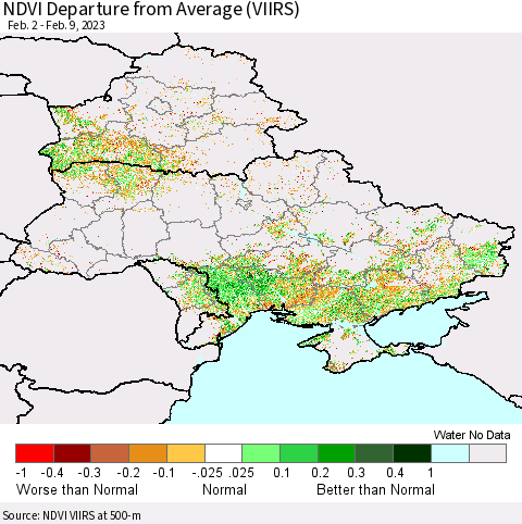 Ukraine, Moldova and Belarus NDVI Departure from Average (VIIRS) Thematic Map For 2/2/2023 - 2/9/2023
