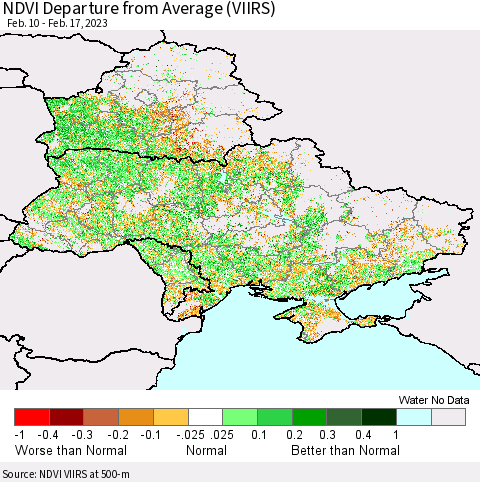 Ukraine, Moldova and Belarus NDVI Departure from Average (VIIRS) Thematic Map For 2/10/2023 - 2/17/2023
