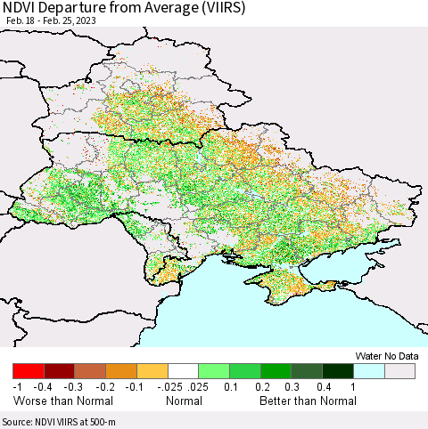 Ukraine, Moldova and Belarus NDVI Departure from Average (VIIRS) Thematic Map For 2/18/2023 - 2/25/2023