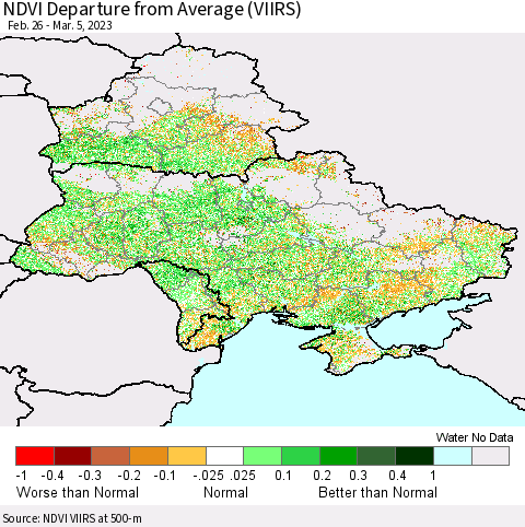 Ukraine, Moldova and Belarus NDVI Departure from Average (VIIRS) Thematic Map For 2/26/2023 - 3/5/2023