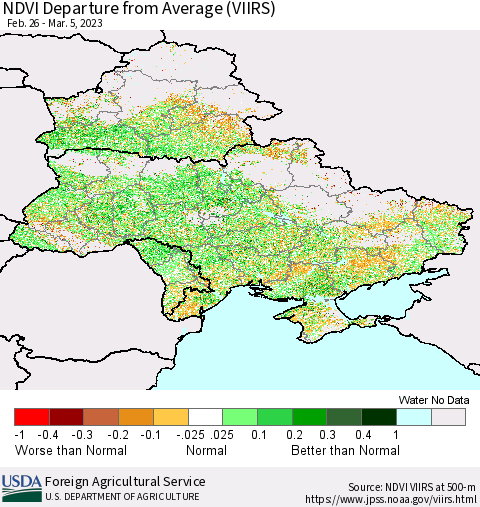 Ukraine, Moldova and Belarus NDVI Departure from Average (VIIRS) Thematic Map For 3/1/2023 - 3/10/2023