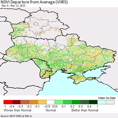 Ukraine, Moldova and Belarus NDVI Departure from Average (VIIRS) Thematic Map For 3/6/2023 - 3/13/2023