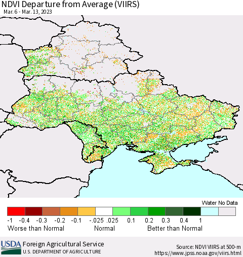 Ukraine, Moldova and Belarus NDVI Departure from Average (VIIRS) Thematic Map For 3/11/2023 - 3/20/2023