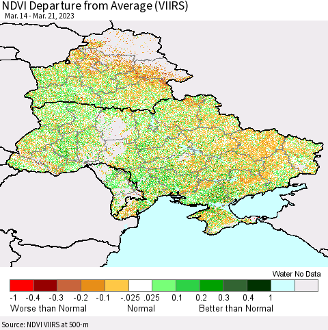 Ukraine, Moldova and Belarus NDVI Departure from Average (VIIRS) Thematic Map For 3/14/2023 - 3/21/2023