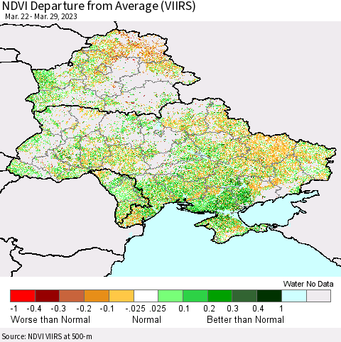 Ukraine, Moldova and Belarus NDVI Departure from Average (VIIRS) Thematic Map For 3/22/2023 - 3/29/2023