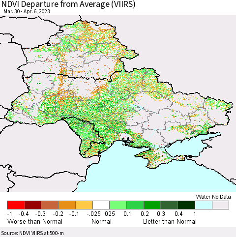 Ukraine, Moldova and Belarus NDVI Departure from Average (VIIRS) Thematic Map For 3/30/2023 - 4/6/2023