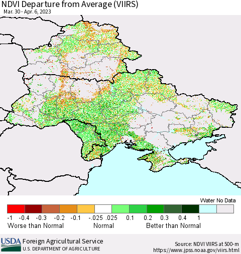 Ukraine, Moldova and Belarus NDVI Departure from Average (VIIRS) Thematic Map For 4/1/2023 - 4/10/2023