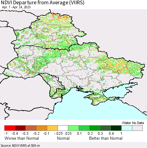 Ukraine, Moldova and Belarus NDVI Departure from Average (VIIRS) Thematic Map For 4/7/2023 - 4/14/2023