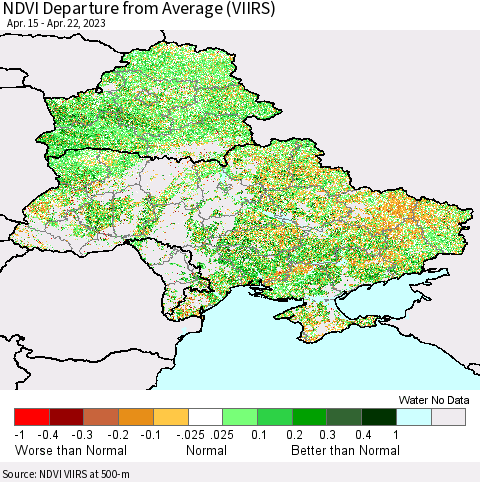 Ukraine, Moldova and Belarus NDVI Departure from Average (VIIRS) Thematic Map For 4/15/2023 - 4/22/2023