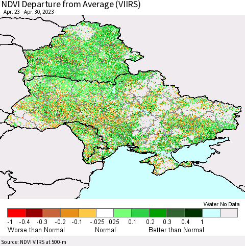 Ukraine, Moldova and Belarus NDVI Departure from Average (VIIRS) Thematic Map For 4/23/2023 - 4/30/2023