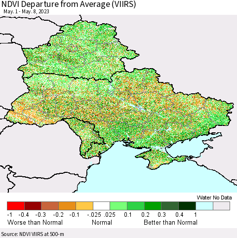 Ukraine, Moldova and Belarus NDVI Departure from Average (VIIRS) Thematic Map For 5/1/2023 - 5/8/2023