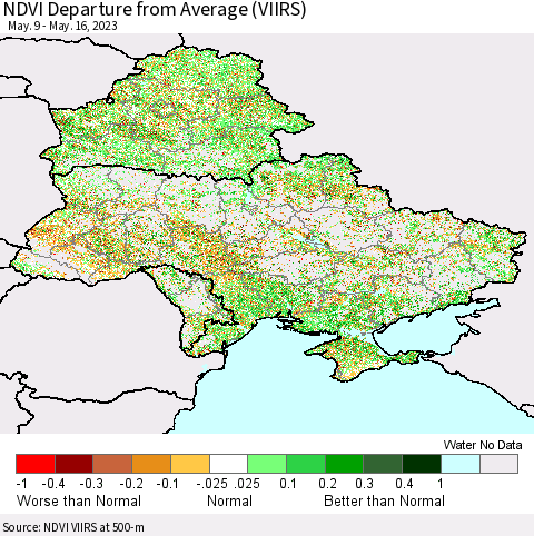 Ukraine, Moldova and Belarus NDVI Departure from Average (VIIRS) Thematic Map For 5/9/2023 - 5/16/2023