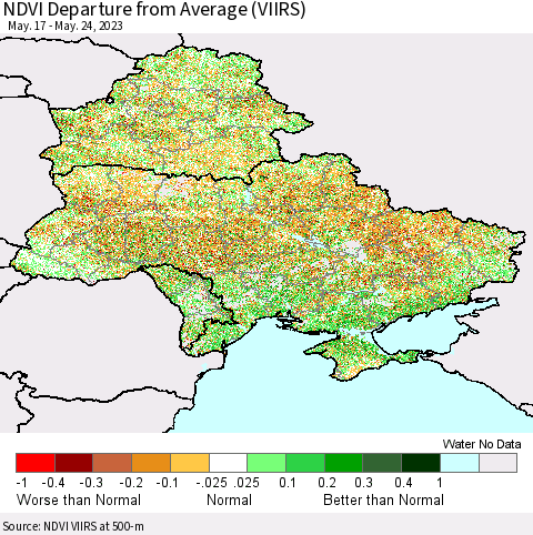 Ukraine, Moldova and Belarus NDVI Departure from Average (VIIRS) Thematic Map For 5/17/2023 - 5/24/2023