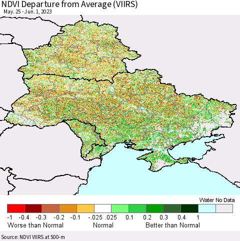 Ukraine, Moldova and Belarus NDVI Departure from Average (VIIRS) Thematic Map For 5/25/2023 - 6/1/2023