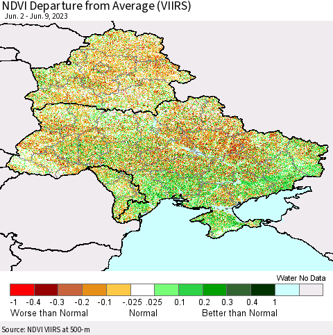 Ukraine, Moldova and Belarus NDVI Departure from Average (VIIRS) Thematic Map For 6/2/2023 - 6/9/2023