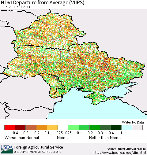 Ukraine, Moldova and Belarus NDVI Departure from Average (VIIRS) Thematic Map For 6/1/2023 - 6/10/2023